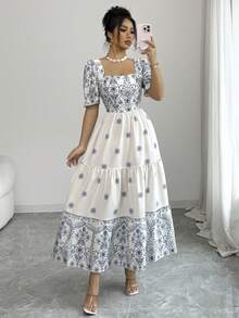 Elenzga Vestido de línea A con cintura ceñida, cuello cuadrado y estampado, elegante para vacaciones, uso diario, de manga corta - Multicolor - Ver 4