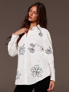 Athîral 女士优雅花卉刺绣图案衬衫，波西米亚复古风，白色长袖上衣，波西米亚风格女式上衣，长袖上衣，女士休闲上衣，纽扣上衣，夏季度假，女士海滩度假 - 黑與白 - 查看 5