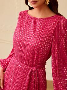 ZEYLAH 女士波点印花灯笼袖圆领优雅连衣裙 - 玫紅色 - 查看 2