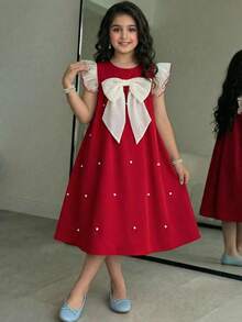 SHEIN 少女撞色蝴蝶结装饰荷叶袖A字连衣裙，圆领荷叶袖连衣裙 - 紅色 - 查看 2