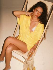 Athîral 女士宽松休闲翻领短袖衬衫 - 黃色 - 查看 1