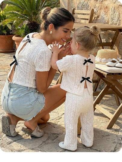 女婴可爱夏季百搭象牙色针织提花蝴蝶结短袖上衣