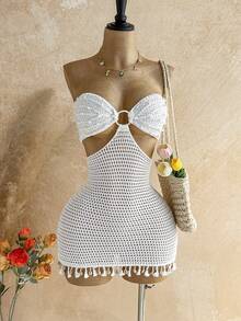 Soleia 女士休闲、度假、西部风、海滩婚礼宾客、毕业典礼、早午餐、圣帕特里克节、春假、复活节、音乐节优雅波西米亚热带流苏亮片毛衣迷你连衣裙 - 米色 - 查看 3