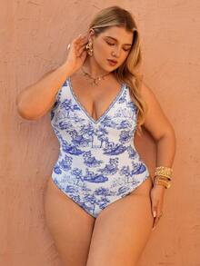 Swim Chiccia Plus Size Women's Floral Print Spaghetti Strap Ruffled Front One-Piece Swimsuit, Suitable For Beach/Resort - Multicolor - View 6