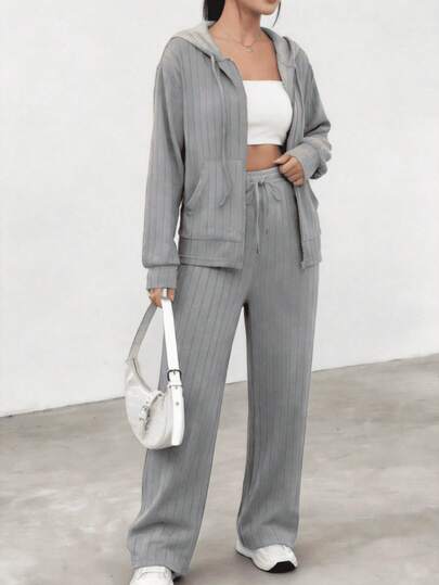 Conjunto de casa con capucha rayado para mujer, cómodo y casual, con cremallera