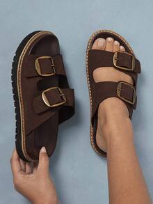 SHUZIA Sandalias planas de mujer con correa doble hebillada y diseño minimalista cómodo - Marrón Chocolate - Ver 5