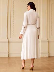 ZEYLAH White Lace Patchwork Hollow Out Breathable Fitted Midi Dress, Elegant Mori Style For Spring & Summer - White - View 3