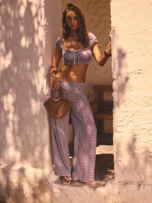 Aralina Chic Micro Dot Print Elastic Waist Relaxed Fit Wide Leg Effortless Everyday Street Style Statement Pants - Purple - View 1