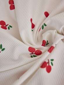 SHEIN Women Contrast Colour Lace Detail Rib Knit With Cherry Pattern Sleep Top&Shorts Homewear Pahama Set - White - View 6