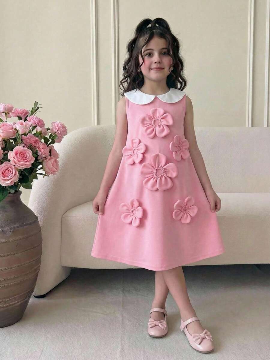 Vestido Elegante e Fofo Sem Mangas com Decoração Floral em Linha A, Rosa Pálido, Adequado para Atividades Escolares de /Verão, Festa de Aniversário, Reunião - Rosa chiclete - Visão 1