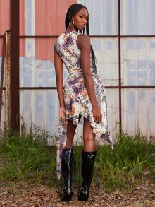 NYA SZN 扭曲豹纹网纱不对称连衣裙 - 彩色 - 查看 2