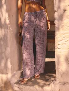 Aralina Chic Micro Dot Print Elastic Waist Relaxed Fit Wide Leg Effortless Everyday Street Style Statement Pants - Purple - View 2