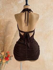 Soleia Spring/Summer New Casual Vacation Western Beach Wedding Guest Attire Graduation Brunch St. Patrick's Day Spring Break Easter Music Festival Elegant Bohemian Tropical Sexy Backless Halter Tassel Mini Dress For Women - Brown - View 2