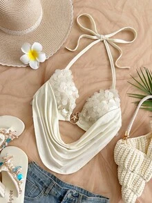 Soleia 春夏新款休闲度假西部海滩婚礼宾客着装毕业早午餐女装，圣帕特里克节春假复活节音乐节优雅波西米亚热带性感露背亮片派对情人节吊带金属装饰修身闪亮上衣，夏季女装 - 白色 - 查看 4