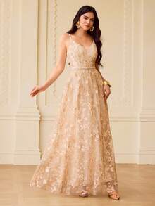 ZEYLAH Women's Elegant Embroidered Long Dress - Champagne - View 4