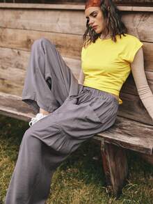 SHEIN Unity Damen Hose mit elastischem Bund, Kordelzug, weitem Bein und großen Taschen, ideal für Frühling und Herbst - Grau - Übersicht 3