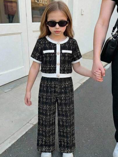 Firerie Kids Firerie Kids 2pcs/Set Young Girl Casual Formal Elegant Back To School Black & White Contrast Pearl Button Blouse & Straight Leg Color Block Pants, Back To School Season, Young Lady Outfit