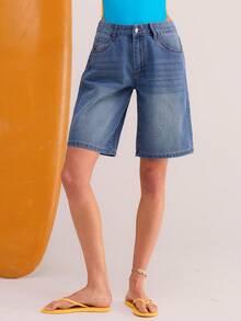 Athîral Denim 女士字母花卉图案口袋百慕大牛仔短裤 - 藍色 - 查看 4