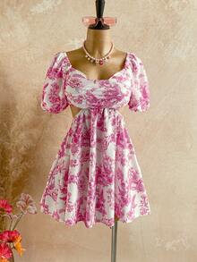 Soleia Women's Romantic Floral Print Puff Sleeve Draped Neck Backless Tie Waist A-Line Mini Princess Dress For Vacation Floral Dress Flower Dress Pink Floral Dress Cottagecore Dress Kawaii Dress Orchid Dress Vintage Clothes - Multicolor - View 6