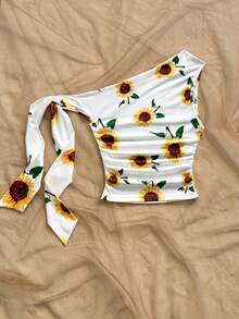 Soleia 女士休闲度假向日葵印花不对称肩部上衣，夏季 - 彩色 - 查看 2