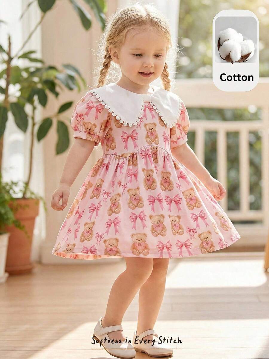 Cozy Pixies Robe à manches courtes avec col, taille nouée, imprimé floral pour bébé fille - Rose bonbon - Voir 1