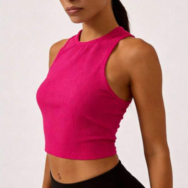 Top deportivo corto de licra unitalla (30 a 32), sin mangas y cuello redondo, ideal para entrenar, yoga, gym o actividades fitness cómodamente