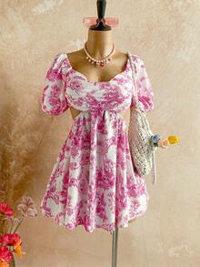 Soleia Women's Romantic Floral Print Puff Sleeve Draped Neck Backless Tie Waist A-Line Mini Princess Dress For Vacation Floral Dress Flower Dress Pink Floral Dress Cottagecore Dress Kawaii Dress Orchid Dress Vintage Clothes - Multicolor - View 2