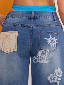 Athîral Denim 女士字母花卉图案口袋百慕大牛仔短裤 - 藍色 - 查看 1