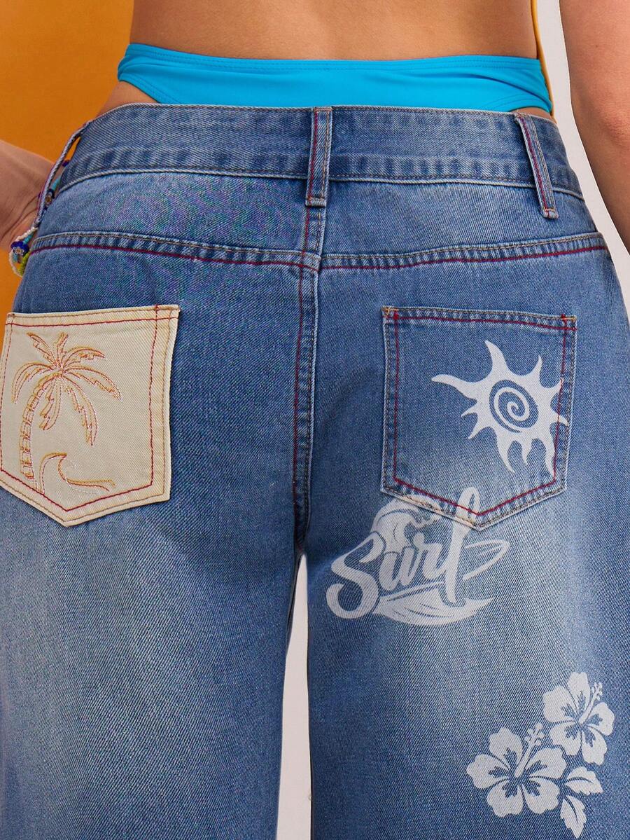 Athîral Denim 女士字母花卉图案口袋百慕大牛仔短裤 - 藍色 - 查看 1