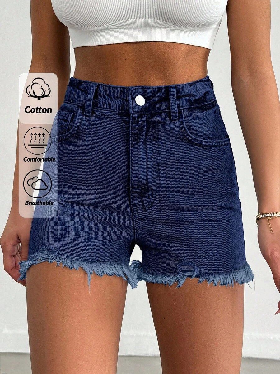 EURMUSE 100Cotton Mini Heavy Destroy Short With Back Label Detail Work Dark Blue Summer Streetwear - Medium Wash - View 1