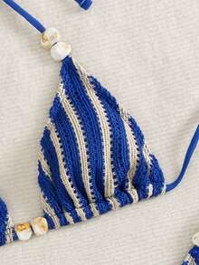 Bonvoyette Summer Vacation Sexy Beaded Blue & White Striped Halter Backless Drawstring Triangle Cup Bikini Set With Bodycon Tie Skirt - Blue and White - View 6