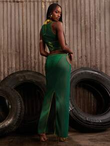 NYA SZN Matching Set Top And Skirt Tank Sleeveless Maxi Length Fishnet Mesh Festival Concert Easter St. Patricks Day Brunch Casual Everyday Going Out Party Special Occasion Travel Vacation Office Siren Western Country Date Night Elegant Luxury Outfits For Women - Green - View 2