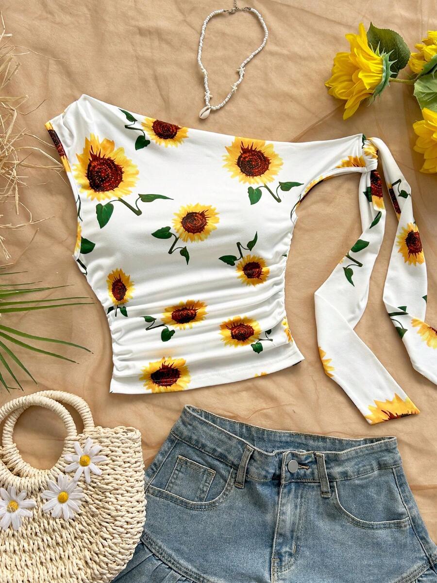 Soleia 女士休闲度假向日葵印花不对称肩部上衣，夏季 - 彩色 - 查看 1