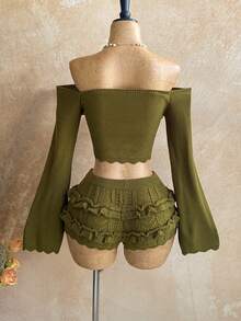 Soleia 女士几何扭结图案前系带露肩长袖毛衣和针织短裤套装 - 橄欖綠 - 查看 2