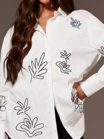 Athîral 女士植物刺绣长袖单排扣休闲衬衫