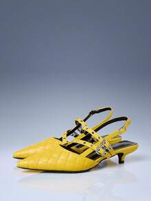 CUCCOO GRLICON Yellow Rhombus Pointed Metal Double Buckle With Kitten Heel Women's Shoes - Yellow - View 1