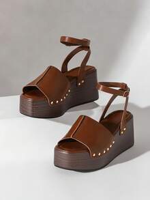 VACAZURE Women's Minimalist One Band Ankle Strap Thick Platform Sandals With Rivets Decor - Maroon - View 6