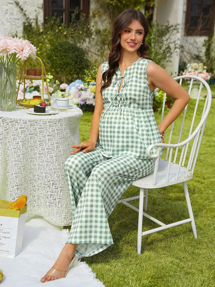 SHEIN EZwear Maternity Green Plaid Tie Front Cami And Pants Set - Green - View 1