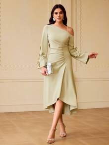 ZEYLAH Romantic Asymmetrical Shoulder Midi Dress For Women - Green - View 6