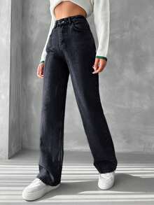 EURMUSE 100%Cotton High Waist Straight Leg Jeans - Dark Grey - View 5