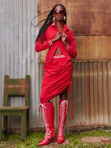 NYA SZN Margot Top Button Front Rib Trim Athletic Details Tie Back Easter St. Patricks Day Brunch Casual Everyday Going Out Party Special Occasion Travel Vacation Office Siren Western Country Date Night Elegant Luxury Business Casual Event Everyday Wedding Brunch Office Gyaru Street Style Spring Summer Statement Carnival Bridal Shower Outfits For Women - Red - View 3