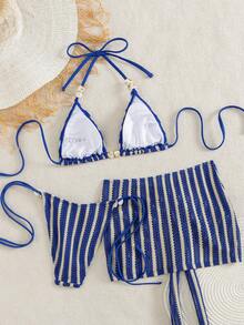 Bonvoyette Summer Vacation Sexy Beaded Blue & White Striped Halter Backless Drawstring Triangle Cup Bikini Set With Bodycon Tie Skirt - Blue and White - View 2