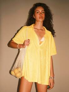 Athîral 女士宽松休闲翻领短袖衬衫 - 黃色 - 查看 3