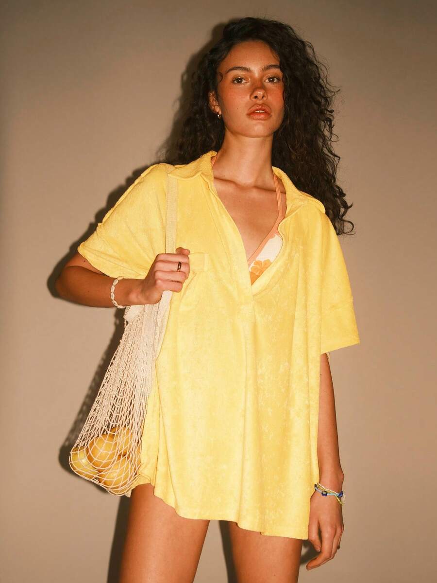 Athîral 女士宽松休闲翻领短袖衬衫 - 黃色 - 查看 1