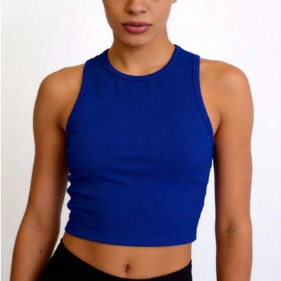 Top deportivo corto de licra unitalla (30 a 32), sin mangas y cuello redondo, ideal para entrenar, yoga, gym o actividades fitness cómodamente