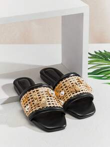 SHUZIA Women Braided Comfort Chic Everyday Beach Vacation PU Raffia Flat Sandals - Black - View 5