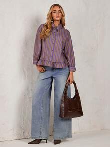 Glamine Casual Commuter Striped Ruffle Front Button Up Blouse - Multicolor - View 5