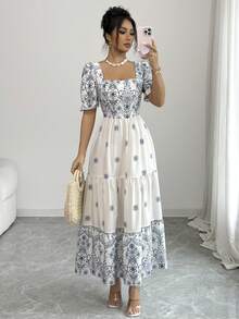 Elenzga Vestido de línea A con cintura ceñida, cuello cuadrado y estampado, elegante para vacaciones, uso diario, de manga corta - Multicolor - Ver 5