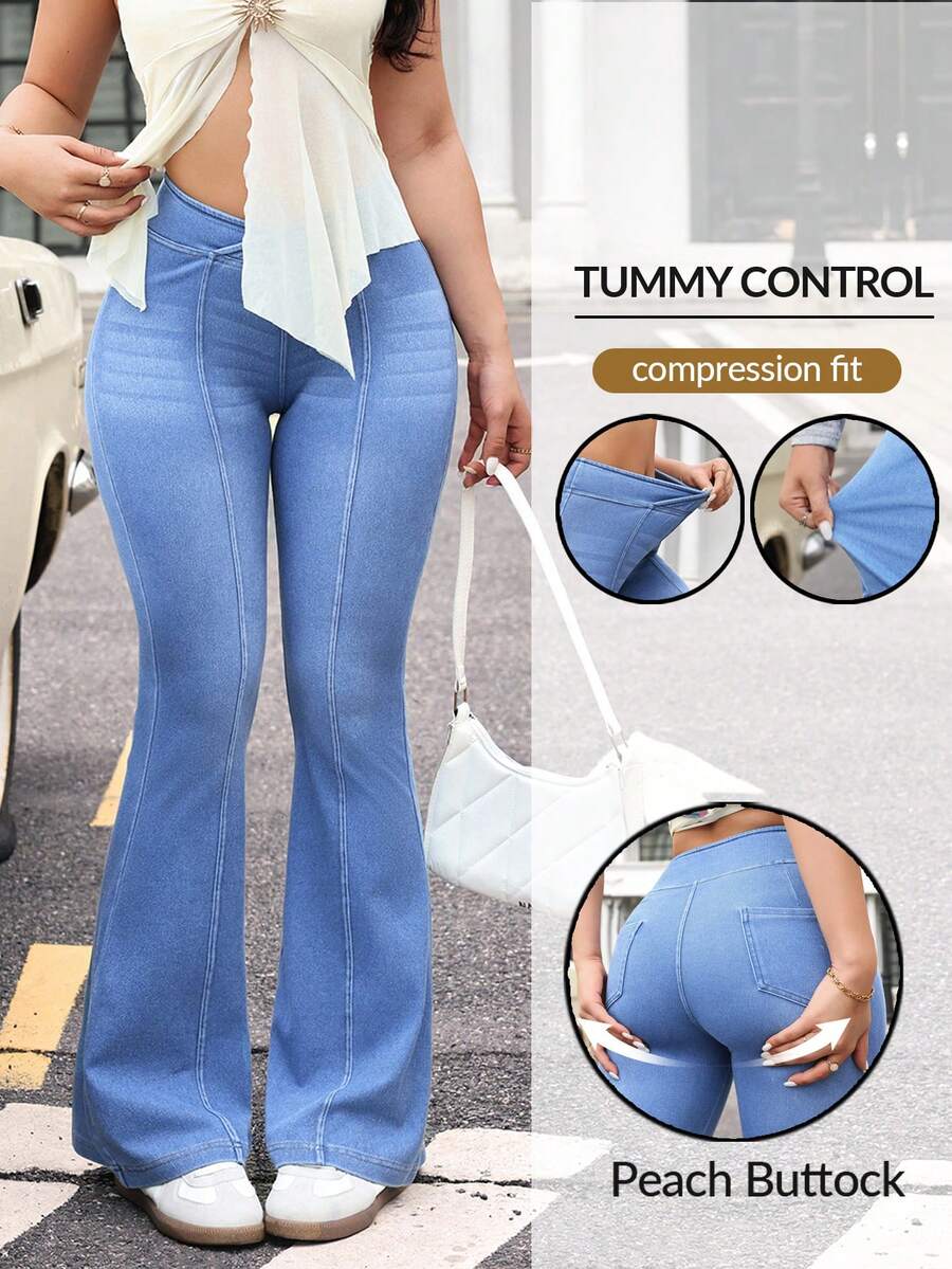 Flexra Quần jeans ống loe nữ, cạp lệch, kiểu dáng thường ngày, đa năng. - Màu xanh lam - Xem 1