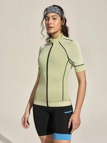 Exploreva Maillot de ciclismo para mujer con parches, malla transpirable y contraste de colores para deportes al aire libre - Verde - Ver 5